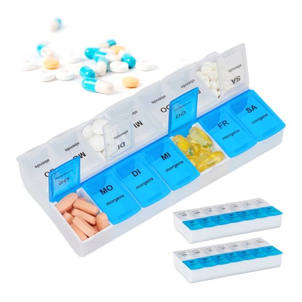 Relaxdays 3er Set Tablettenbox 7 Tage 2 Fächer Blau/Beige